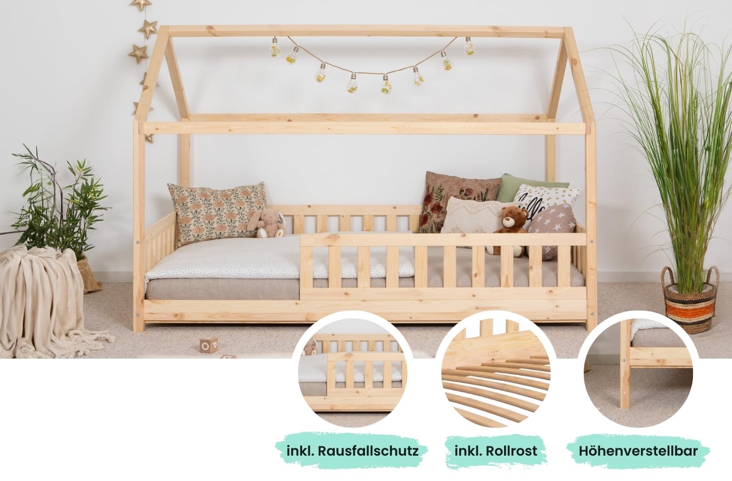 TiCAA Kinderbett Hausbett Kay 90x200 cm, 100x200 cm, 120x200 cm, 140x200 für Jungen & Mädchen, inkl. Rolllattenrost, Rausfallschutz variabel, Montessori Bett weiß aus Kiefer Massivholz