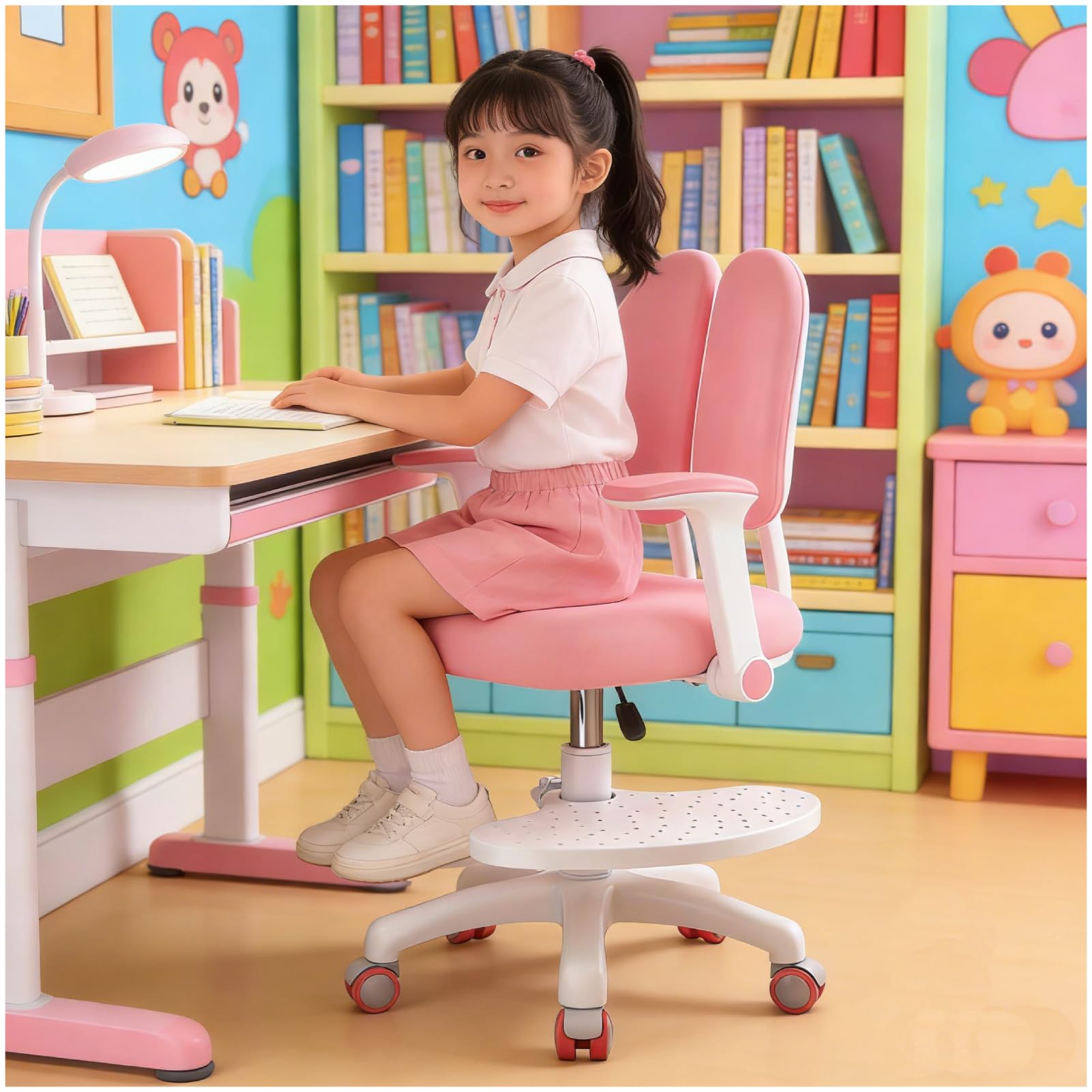 sedia da scrivania per bambini, sedia ergonomica girevole regolabile con braccioli e poggiapiedi, doppio cuscino morbido per studio