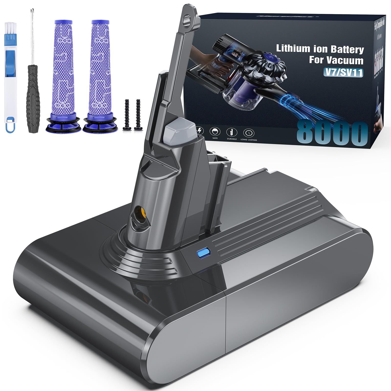 Batteria per Dyson V7 Morpilot 8000mAh Batteria di Ricambio per V7, Adatto per Motorhead Animal Trigger Pro Fluffy Mattress Absolute Aspirapolvere con 2 Filtri