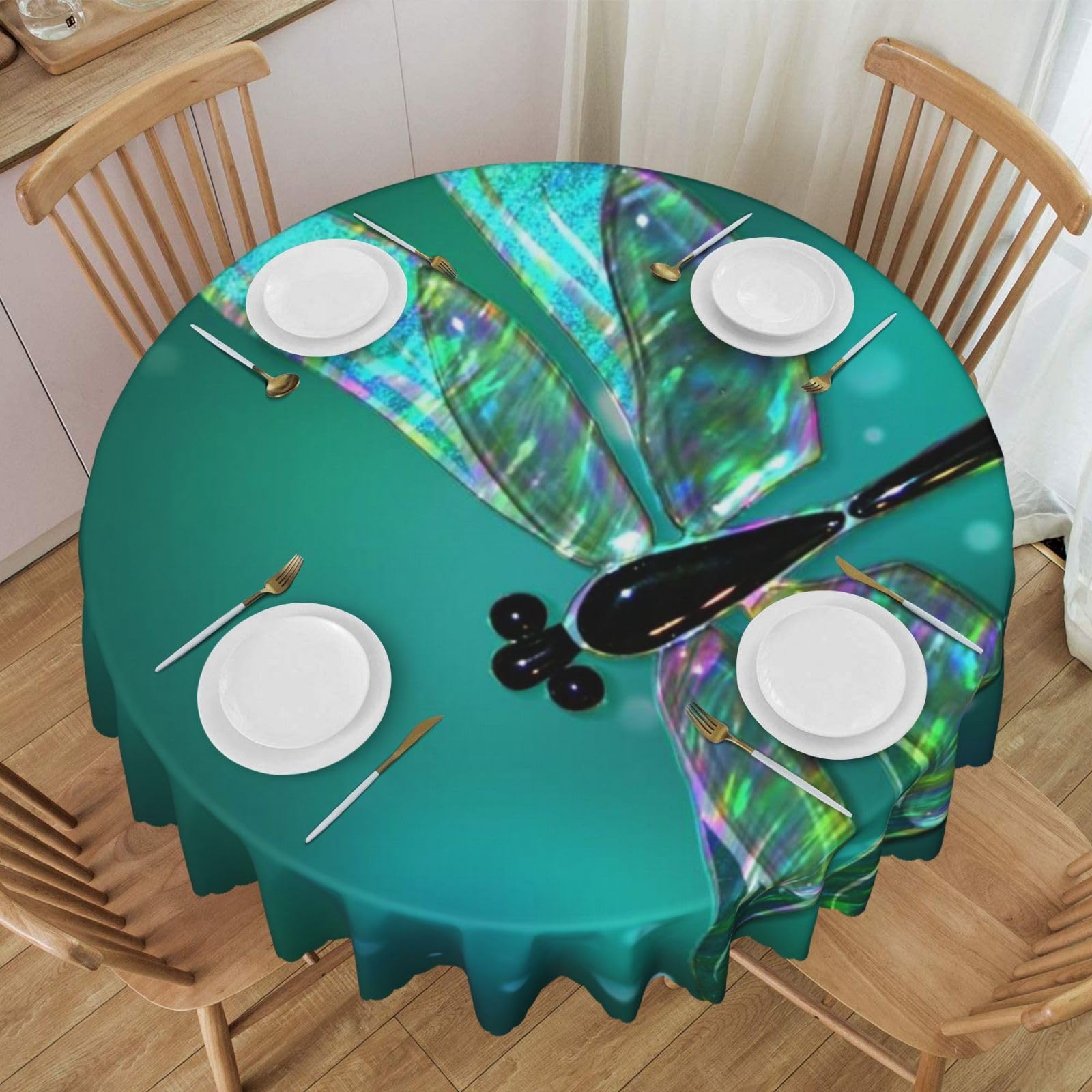 DCEHGEW 60 In Round Tablecloth with Lace, Galaxy Animal Dragonfly Printed Oilproof & Washable Fabric Picnic Table Cloth Table Covers