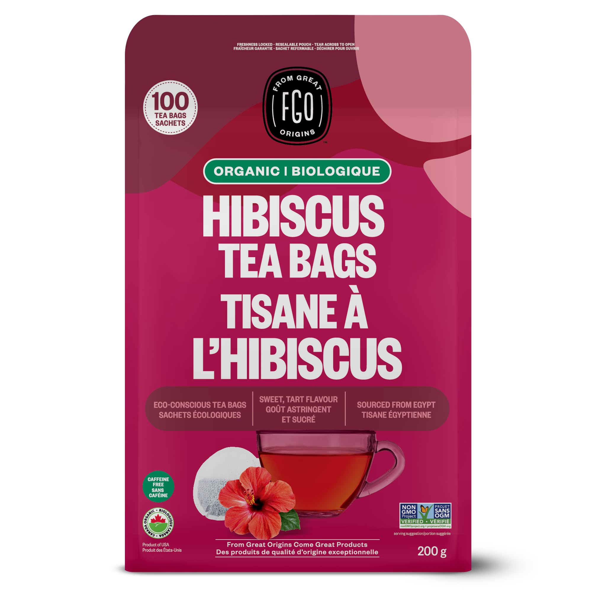 FGO Organic Hibiscus Tea, Eco-Conscious Tea Bags, 100 Count, Packaging May Vary (Pack of 1)