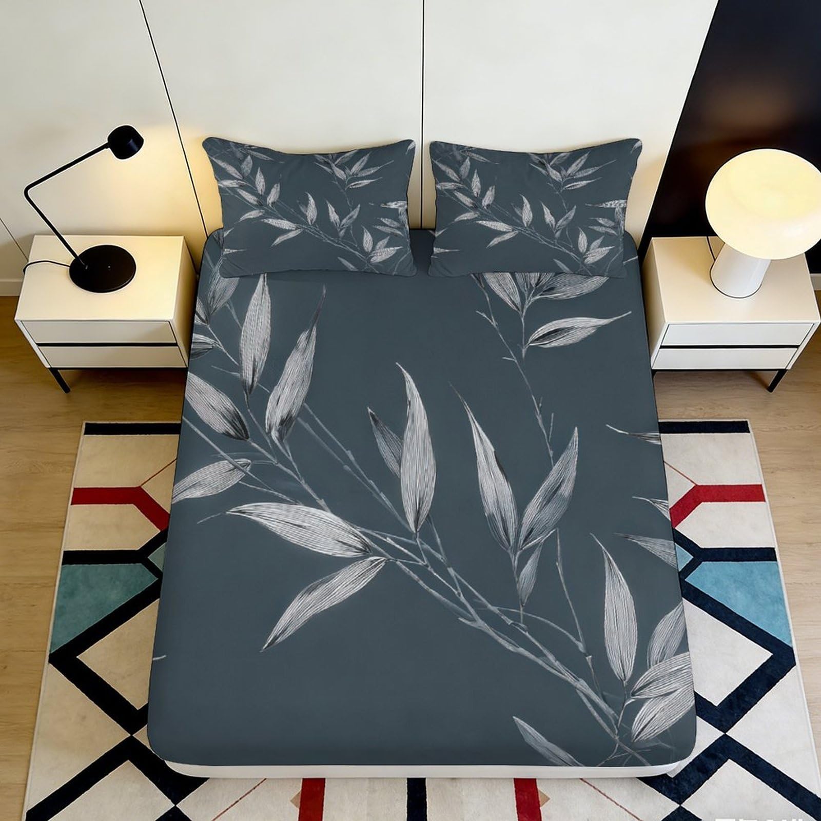 3D Printed Grey Leaf Pattern Fitted Sheet Microfiber Durable Breathable Botanical Bed Cover with Anti-Slip Mattress Protection for Bedroom Dorm Guest 120x200x25cm