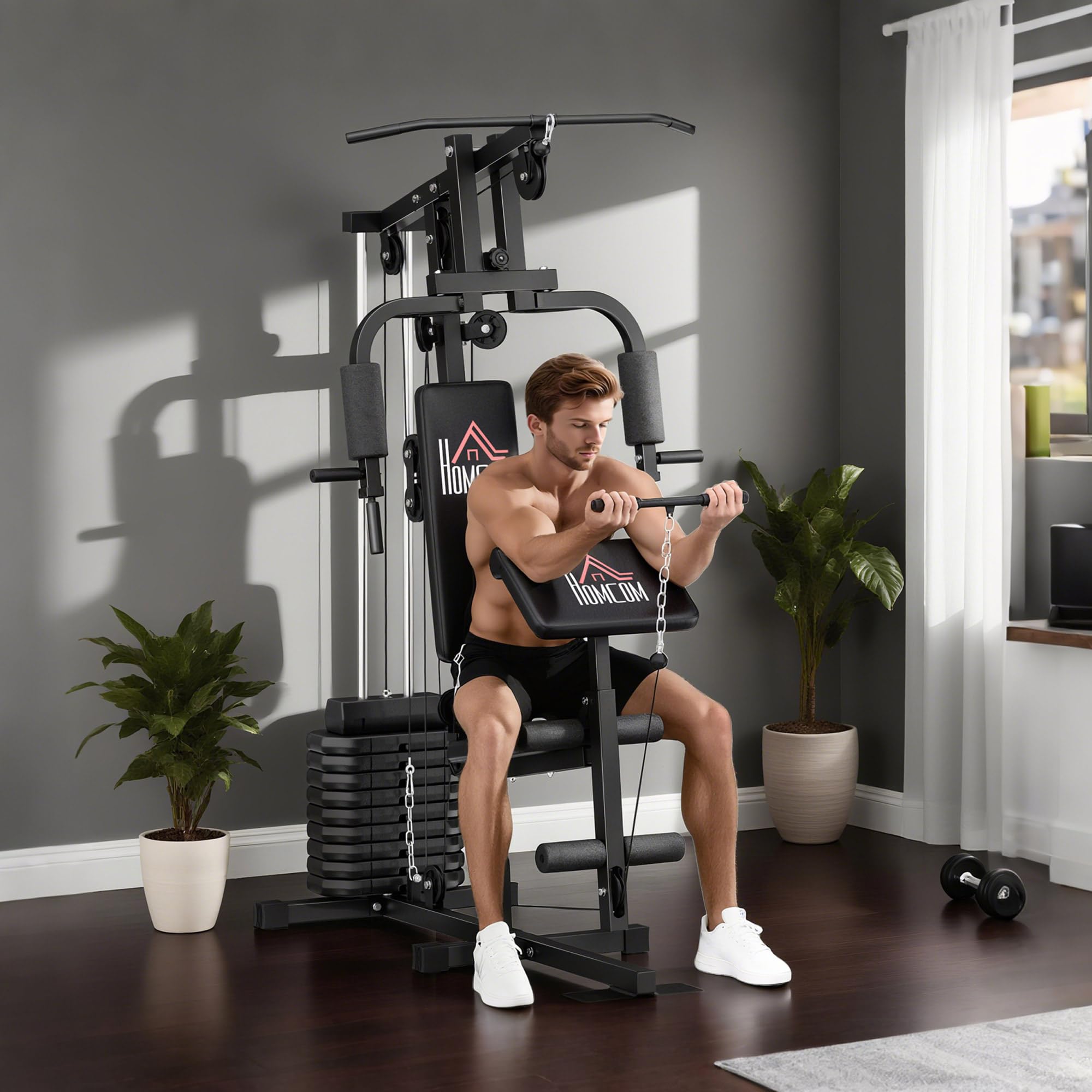 HOMCOM Stazione Fitness Multifunzione Power Tower con Pesi fino 45kg e Panca Imbottita per Allenamento a Casa e Professionale, per Chest Press, Lat Pull Down