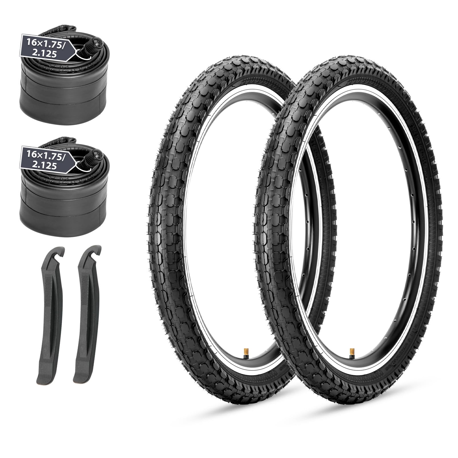 MOHEGIA Kids Bike Tires Replacement Set: 2-Pack 16/20x2.125 inch Puncture-Resistant Folding Bicycle Tires and 2 Pcs Bike Tubes Schrader Valve with Tire Levers