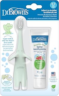 Dr. Brown's Infant-to-Toddler Training Toothbrush Set, Mint Elephant with Fluoride-Free Strawberry Baby Toothpaste, 0-3