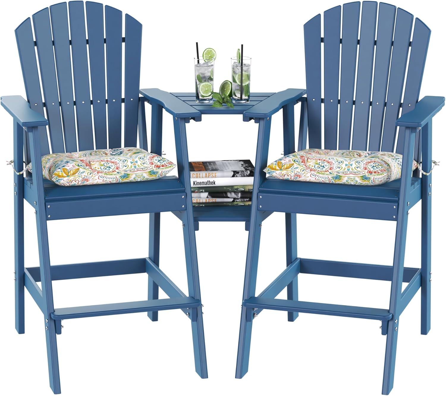 Sundale Outdoor Tall Adirondack Bar Set, Patio Umbrella Table and Bar Chairs Set of 2, 3 Pieces Counter Height Dining Bistro Set, Pub Table with HDPE Stools, 2 Umbrella Hole Caps, Navy Blue