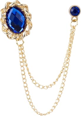 Knighthood Brooch Pin Royal Blue Shimmer Stone With Gold Chain Outlay Tassel Suit Collar Brooch Lapel pin Crystal Brooch Suit Stud Lapel Pin Vintage Rhinestone Wedding Brooch Pin