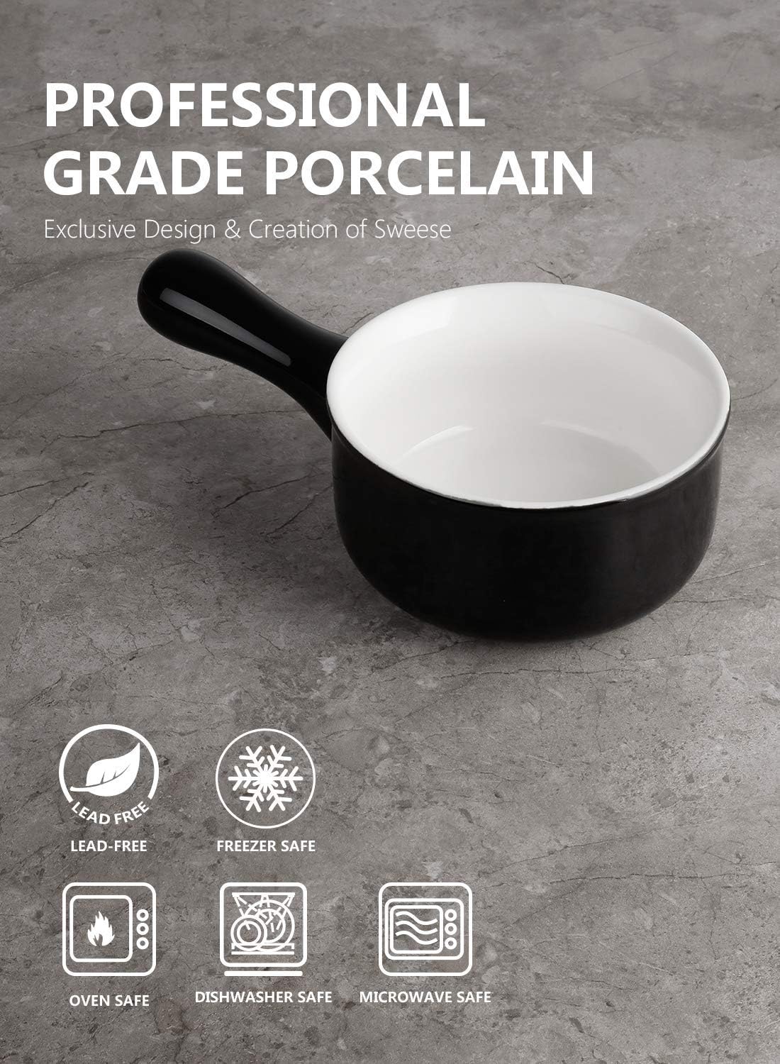  | Sweese 109.112 Porcelain Onion Soup Bowls with Handles - 15 Ounce for Soup, Cereal, Stew, Chill, Set of 4, Black: Soup Bowls