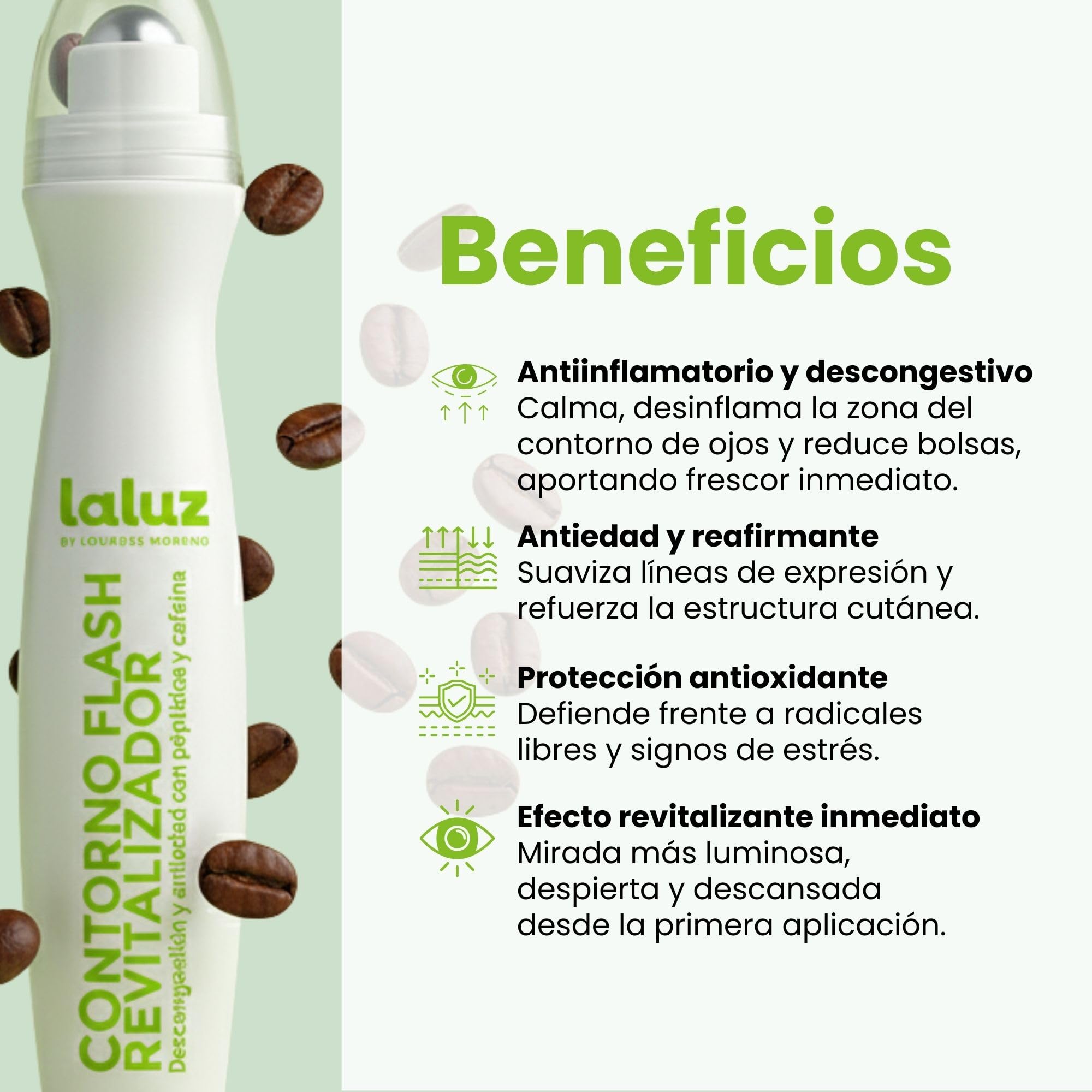 Lourdes Moreno | Contorno Flash Revitalizador con Cafeina | 12ml | Roll-on Refrescante Para Contorno Ojos | Formula Antifatiga Que Reduce La Apariencia De Bolsas Y Ojeras | Efecto Flash Inmediato