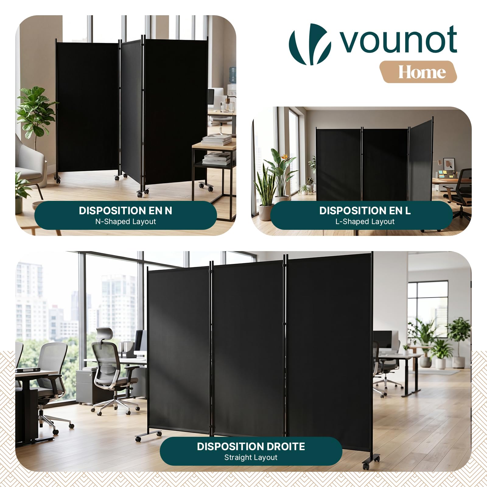 VOUNOT® Paravent Raumteiler 3 Teilig auf Rollen Freistehend Stoff Trennwand Klappbar Sichtschutz Stellwand für Balkon Wohnzimmer Schlafzimmer und Büro 262 x 30 x 180 cm Anthrazit