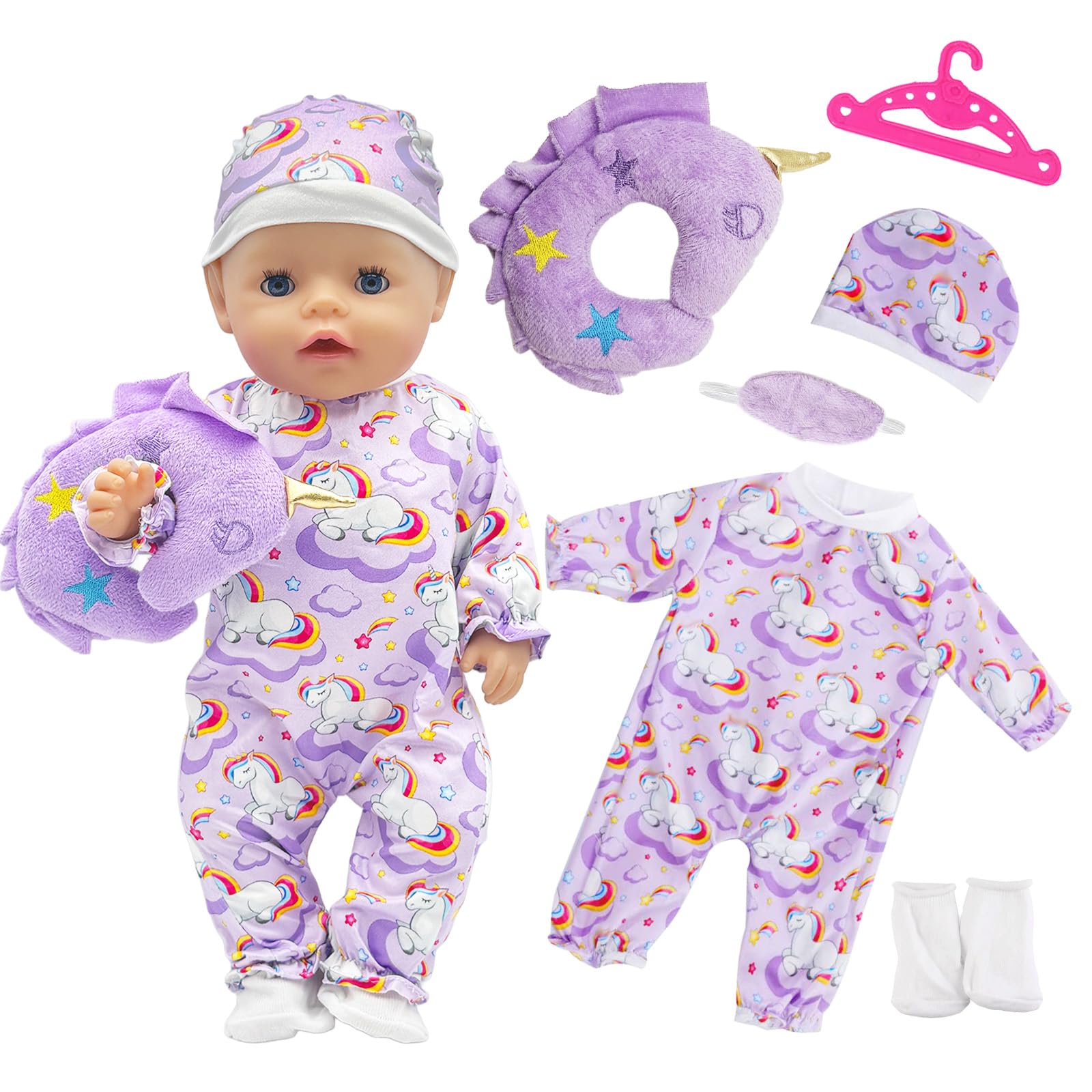Baby Doll Clothes 16-18 Inch Dolls 43cm, Purple Pony Bodysuit Outfit with Hat, Hanger, Pillow, Eye Mask & Socks