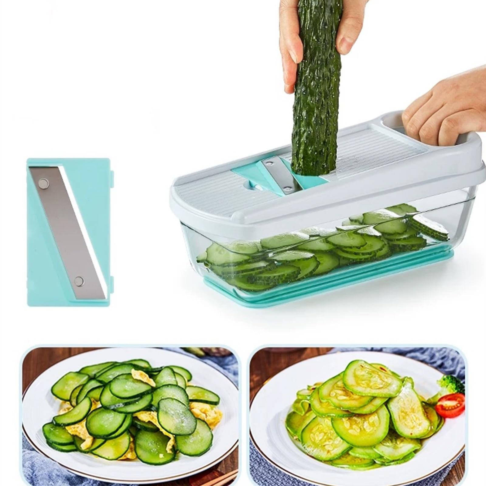 Mandolina de Cocina Profesional Cortador de Verdura, con Recipiente y Protector Manos, Fácil Limpiar, 6 Cuchillas Reemplazables, Cebolla, Utensilio Cocina Preparar Alimentos