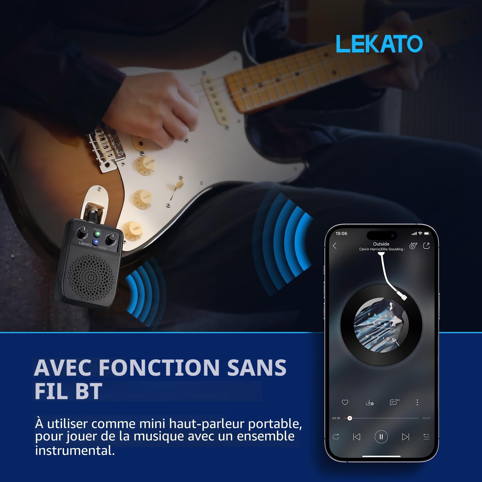 LEKATO Mini Amplificateur de Guitare Portable Électrique Bluetooth - Combo Rechargeable avec Multi-Effets Intégrés, Réverbération, Distorsion, Overdrive, Clean