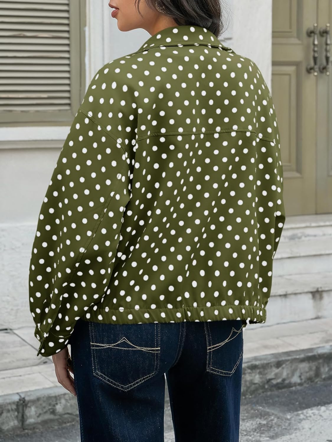 Tankaneo Womens Zip Up Cropped Jackets Polka Dot Oversized Jackets Spring Lightweight Trendy Casual Coats - Image 5