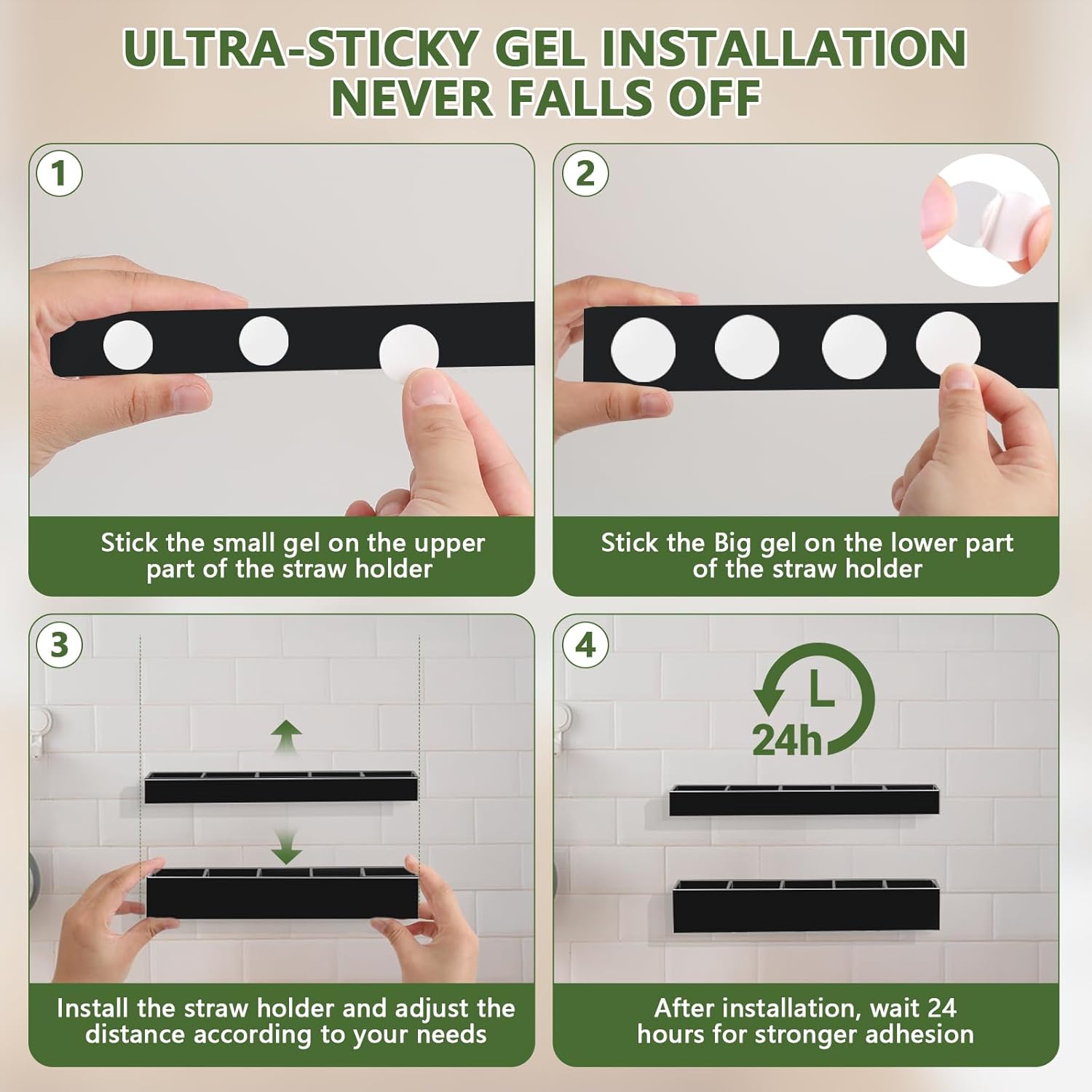 9.5” Large Acrylic Straw Holder for Cabinet Door - Reusable Tumbler Straw Organizer Storage, Small Kitchen Accessories Container, Ultra Sticky Cupboard Door Mounted (Black) - Image 4