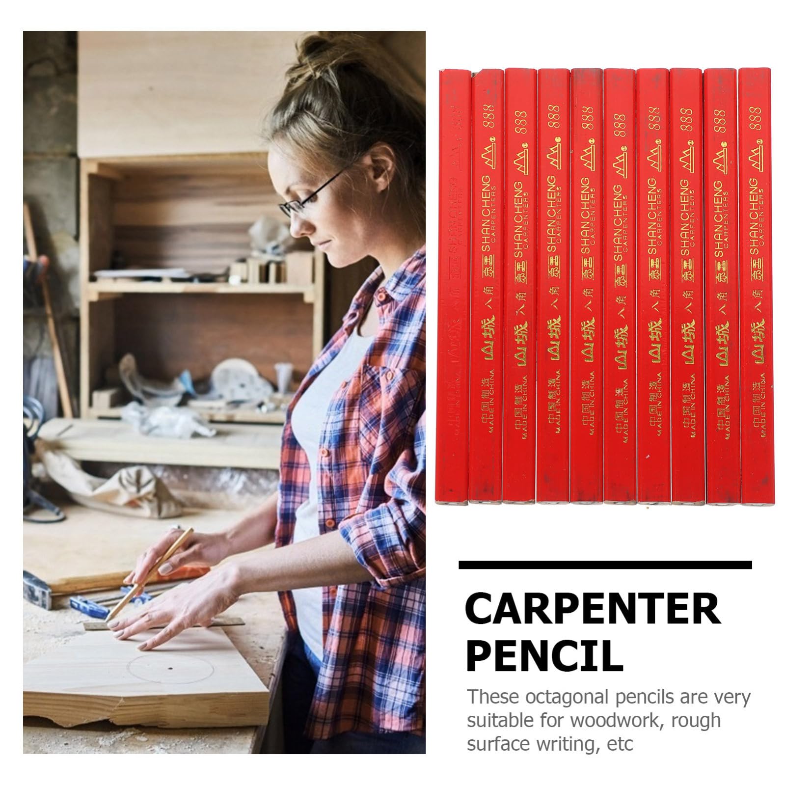 Uonlytech Matite da Carpentiere Resistenti Agli Urti e Facili da Spezzare 72 Ottagonali in Legno Rosse per Scrivere su Superfici Dure e Irregolari