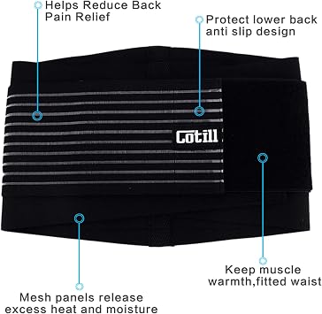 Cotill Lower Back Support Belt - Lumbar Support Brace for Pain Relief and Injury Prevention - Dual Adjustable Straps and Breathable Mesh Panels (S/M)