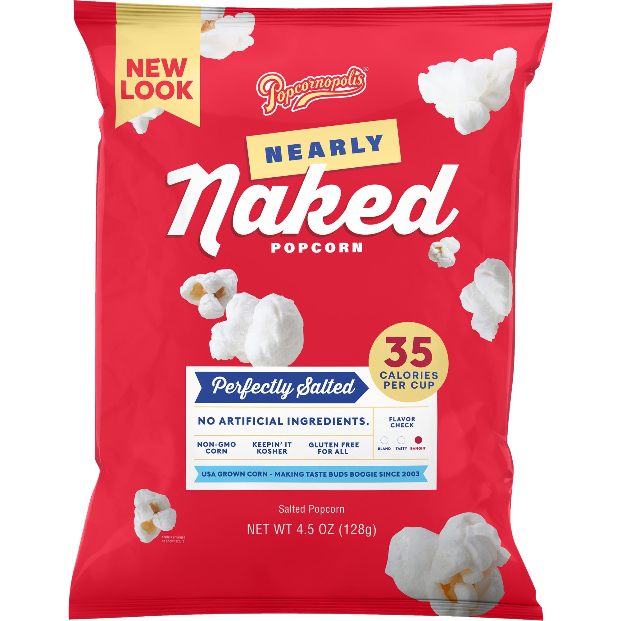 Popcornopolis Perfectly Salted Nearly Naked 4.5 oz Bag, Salt Flavored Ready-To-Eat Popcorn