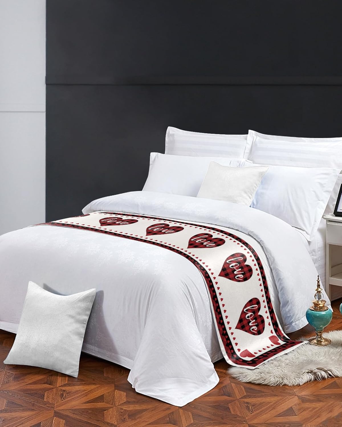 Smile Sunflower Bed Runner Scarf Valentine's Day Love Heart Bedding Scarf Decorative Bed Runners Cover for Home Bedroom Hotel Wedding Room Bed Scarf for Foot of Bed King 102x20in