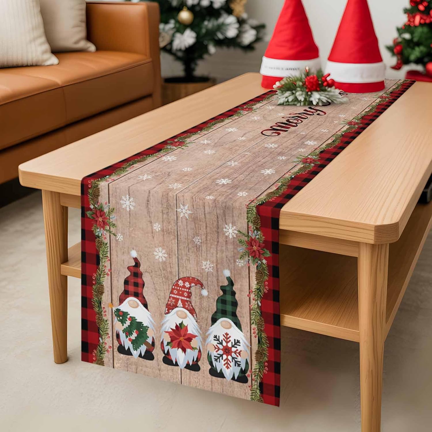 Gnomes Christmas Decorations Table Runners Cotton Linen Farmhouse Buffalo Plaid Red Black Non-Slip Rectangle for Party Kitchen,Home ,Dining Table ,Outdoor,Extra Long 13X120 Inches Winter Snowflakes