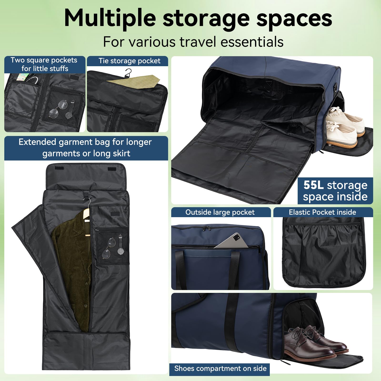 GARPROVM Sac de voyage 4 en 1 convertible, sac à vêtements avec compartiment à chaussures amovible, sac à costume, pliable, sac à dos, sac à dos, sac à vêtements, sac à vêtements pour le week-end