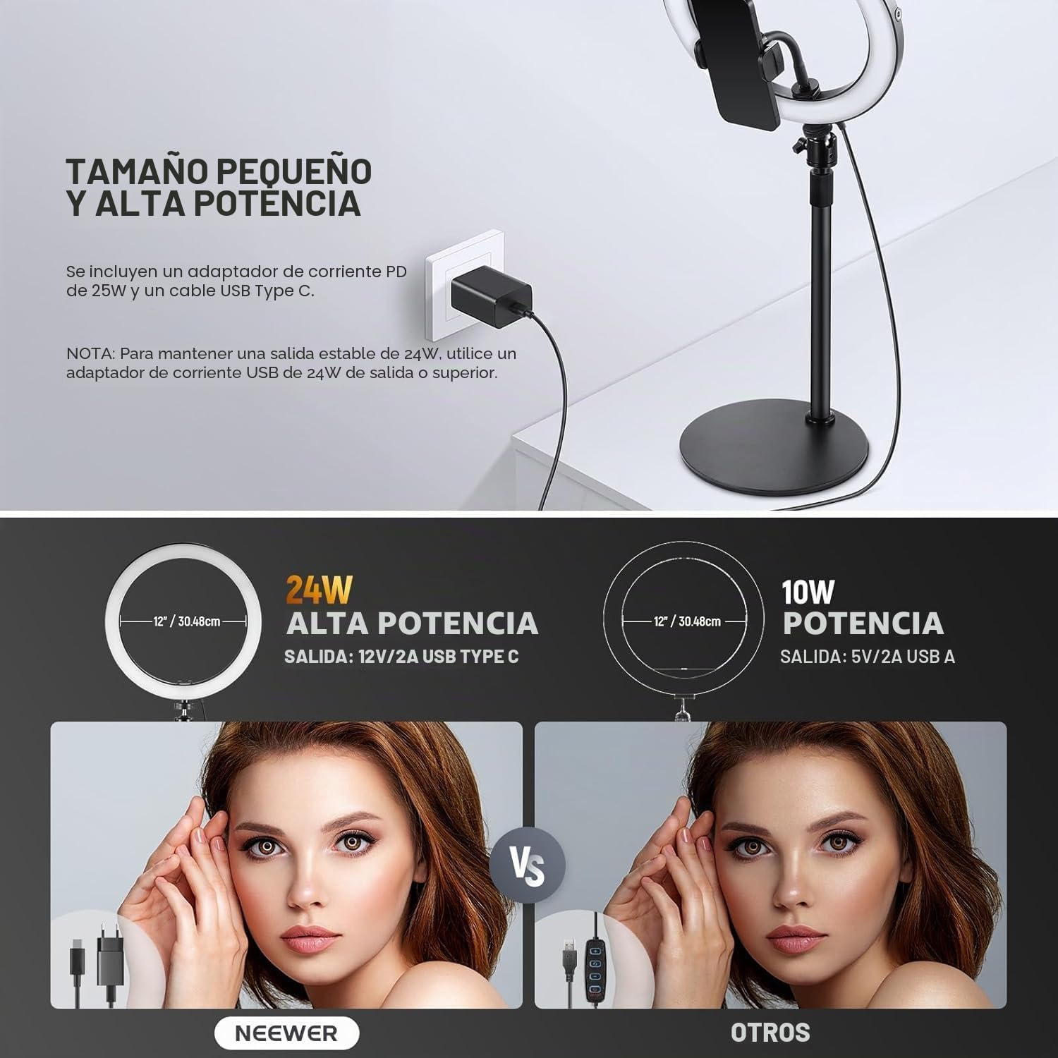 NEEWER 12" Ring Light de Mesa de Alta Potencia 24 W con Soporte/Soporte para teléfono, luz Selfie videoconferencias LED para iPhone Streaming Maquillaje Vlog Video Laptop Computer Webcam Zoom Call