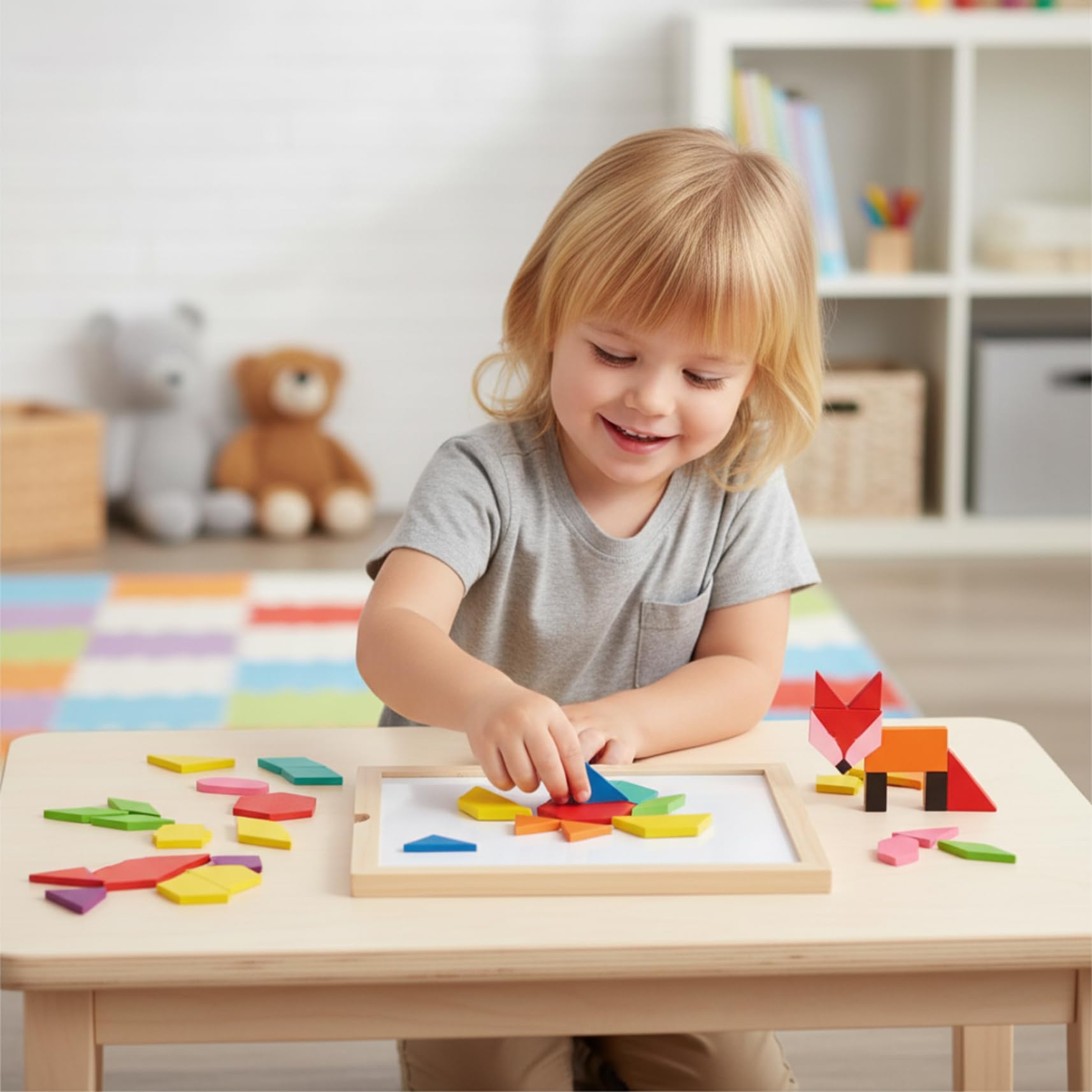 Rompecabezas Tangram, Rompecabezas magnéticos de Madera con Tarjetas de diseño, Juguetes de Aprendizaje para niños de 3 a 8 años, de geometría Tangram, 220 Piezas