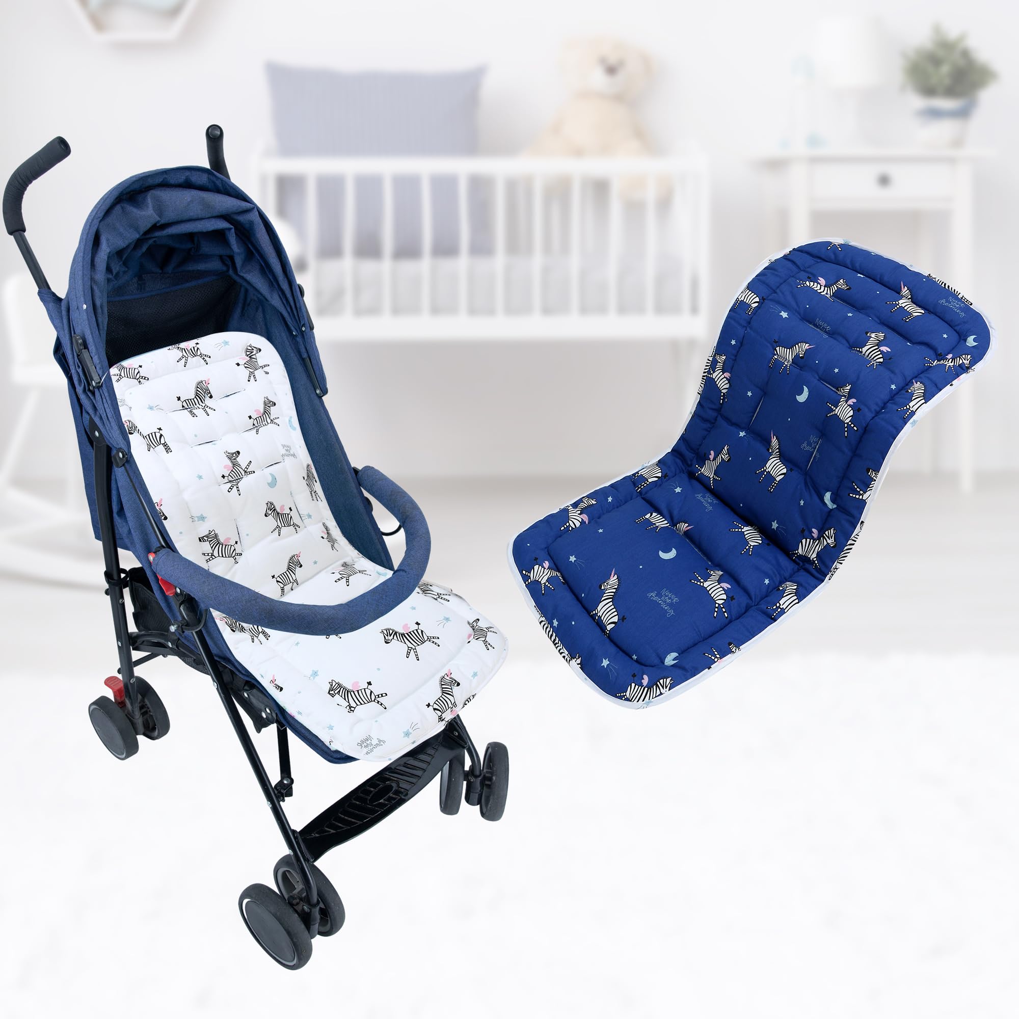 Baby Pushchair Seat Liners,Pram Liner Universal Fit for Most Pushchairs,100% Cotton Double-Sided Baby Stroller Cushion Pad,Stroller Seat Cover for Toddler Infant 1 Pack,78x34cm(Navy Blue+White Zebra) - Image 3