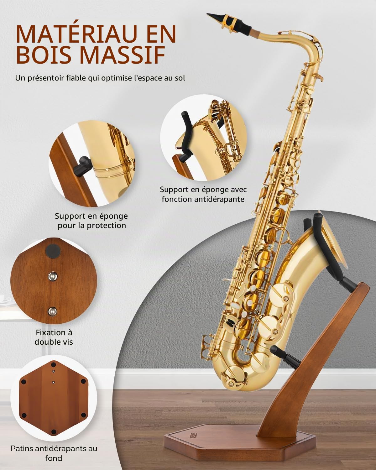 STRICH Support de saxophone alto/ténor fait à la main en bois massif, couleur noyer, base lourde lestée (FH-4, sax)