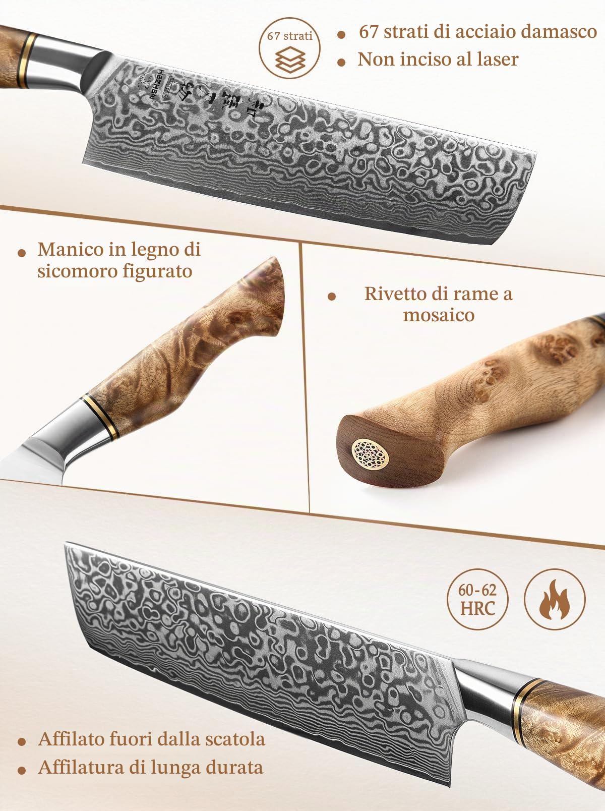 HEZHEN Coltello Nakiri in Acciaio Damasco 18CM, Coltello da Cucina Giapponese Coltello da Mannaia, Coltello da Cuoco Damasco Coltello Santoku