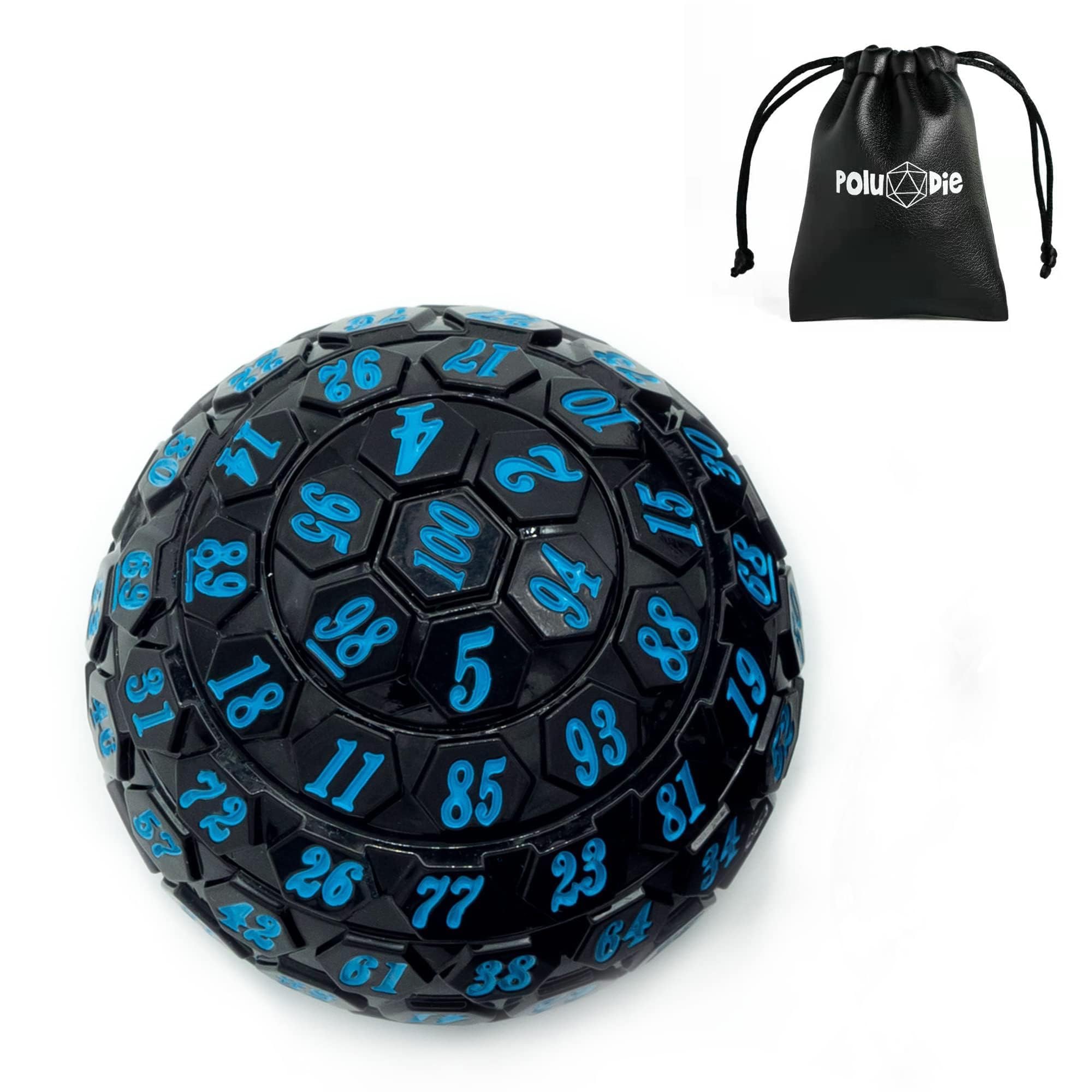 Poludie 100 Sided Polyhedral Dice, Single D100 Game Dice, 100 Sided Cube with Black Pouch, D100 die 48 mm (Black with Blue Number)