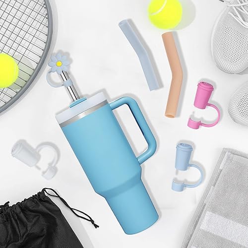 Miniatura 4 de 8 popotes de acero inoxidable compatibles con vasos Stanley Adveture Quencher de 40 onzas, popote de repuesto de 12 pulgadas con 8 fundas para