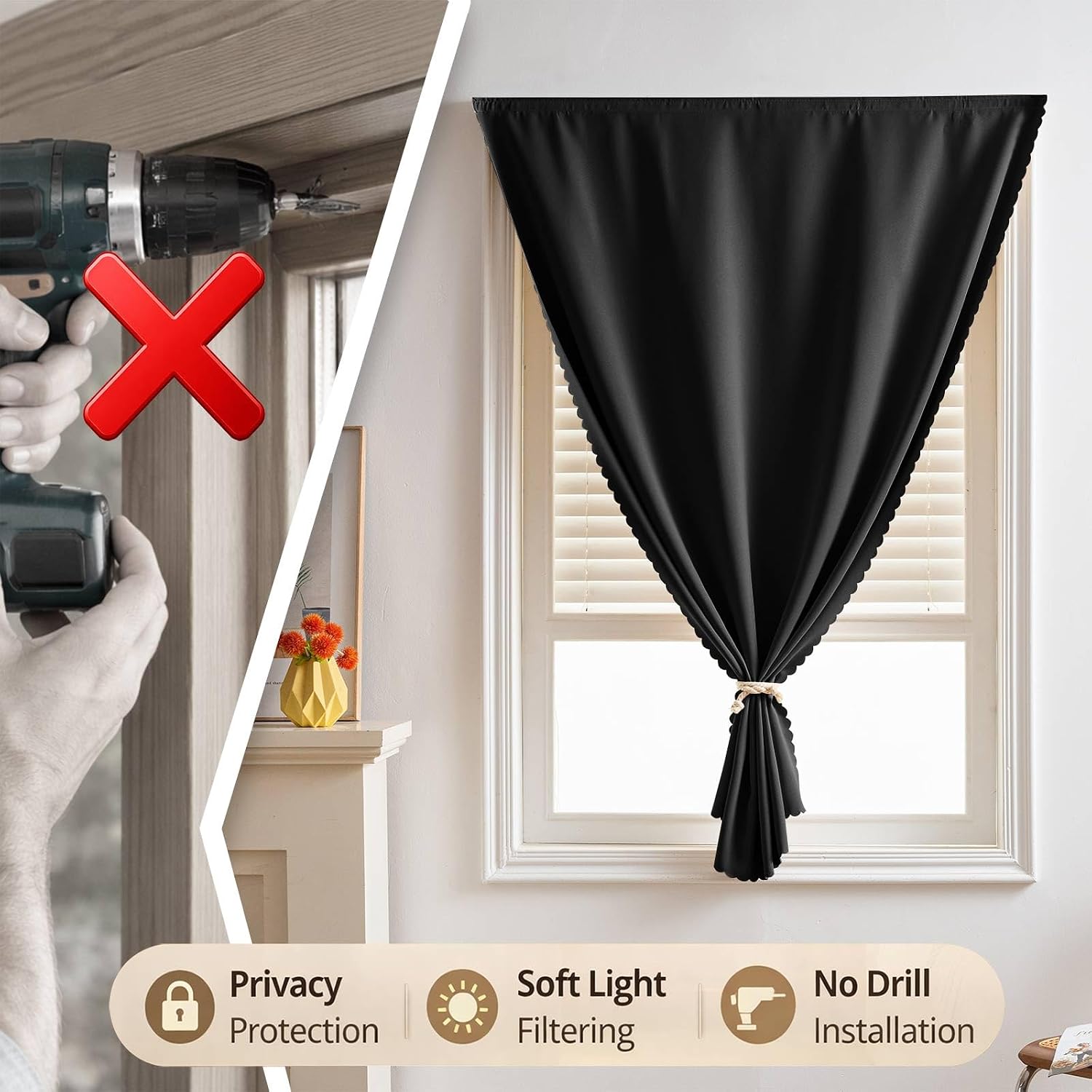 Self Adhesive Curtains for Bedroom, Blackout Curtains, No Drilling, No Rod, Stick-On for Privacy(Black 47 * 59in-1P)