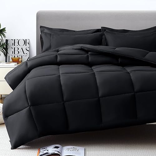 Miniatura 6 de JOLLYVOGUE Juego de edredón Queen  Cama negra en una bolsa QueenMatrimonial, 7 piezas ultra suave, alternativa al plumón de ganso, serie 1800