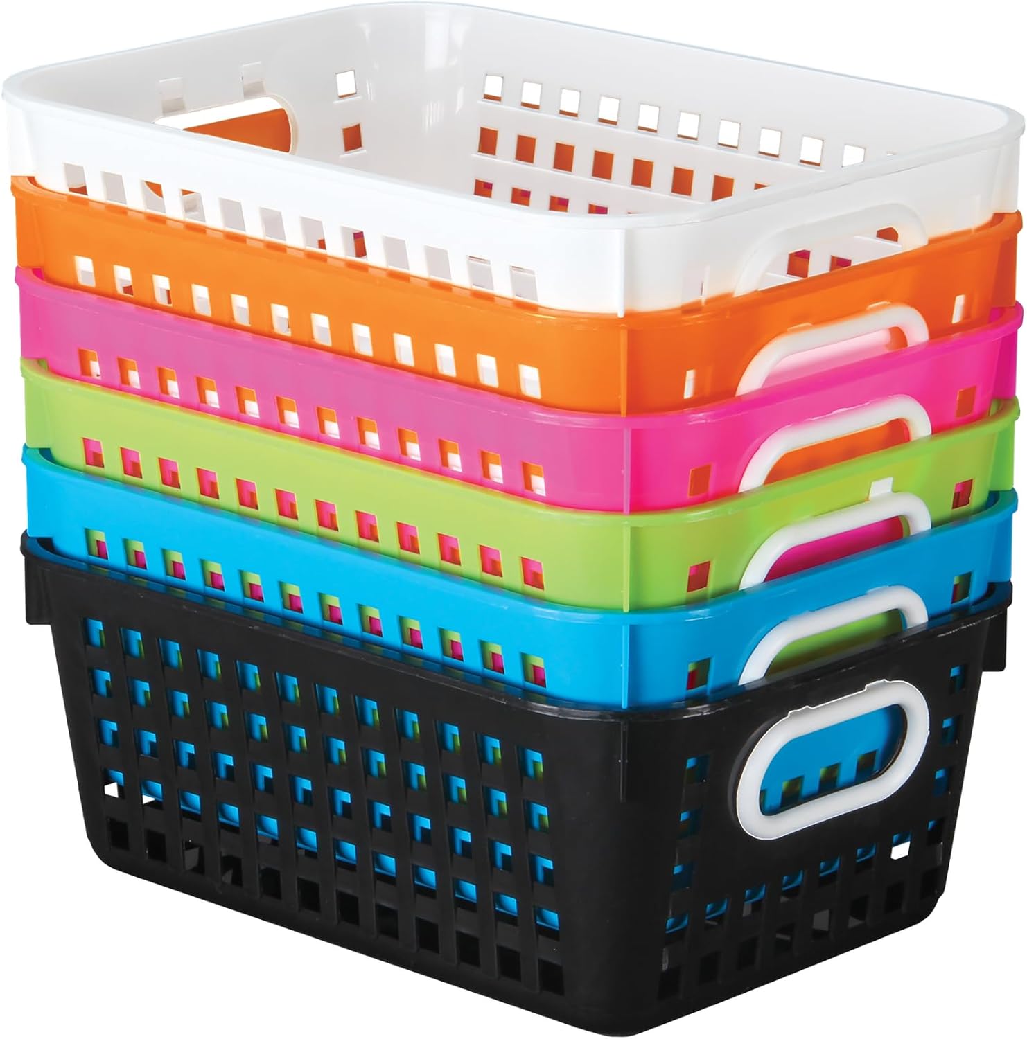 Really Good Stuff Neon Pop 6-Pack Medium Book Baskets - Durable Plastic Paper Storage Bins with Handles for Classroom Library - Storage for Classroom Organization - Vibrant Neon Colors Medium Neon