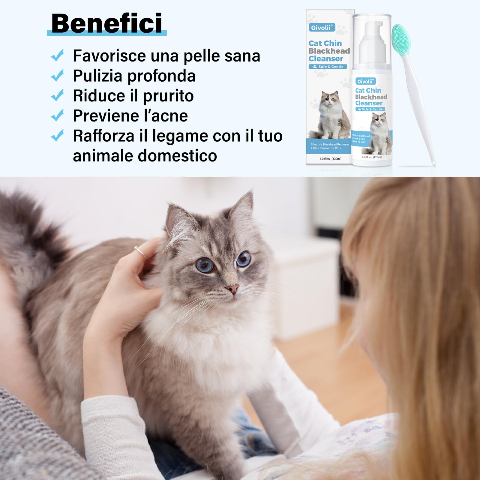 Kit Detergente per Punti Neri del Gatto, 120 ml – Trattamento Delicato ed Efficace per l'acne del Mento con Spazzola in Silicone 2-in-1