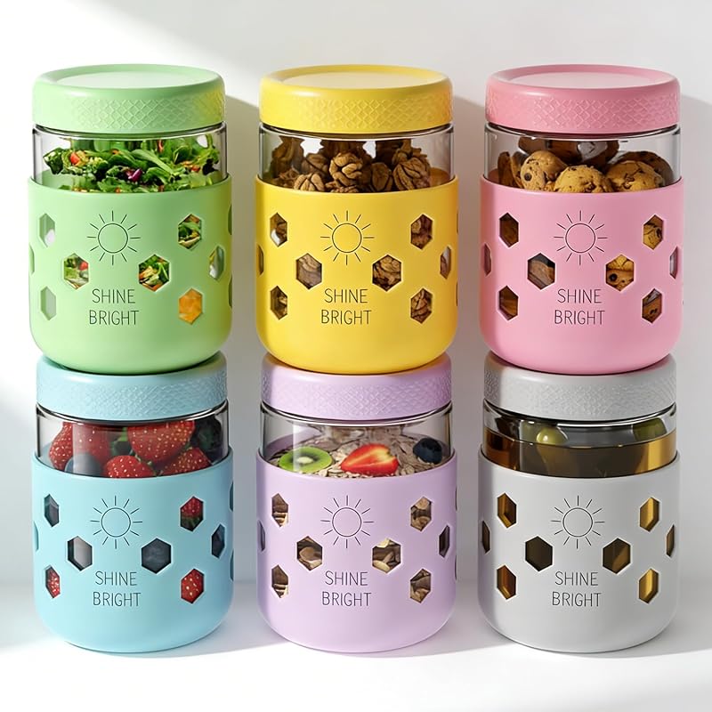 Paquete de 6 recipientes de vidrio para avena durante la noche con tapas, tarros Mason de 16 oz con fundas de silicona, tarros herméticos a prueba de fugas para preparación de comidas para pudín de chía, avena, yogur, aperitivos, batidos, ensaladas
