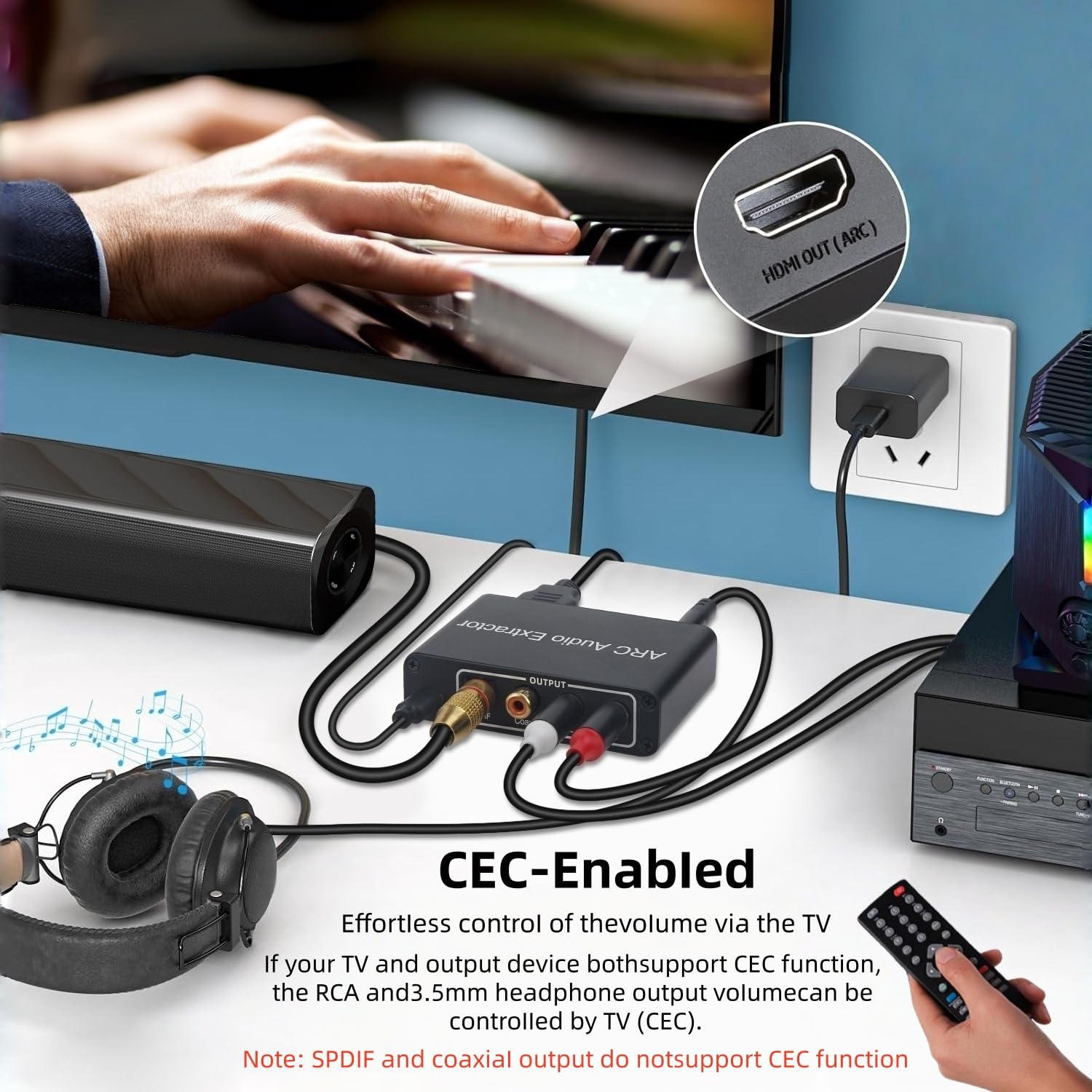 Estrattore audio HDMI ARC, 192 KHz, adattatore audio HDMI ARC, convertitore splitter a ottico TOSLINK SPDIF + RCA L/R+ coassiale e analogico stereo da 3,5 mm per Soundbar HDTV altoparlante cuffie