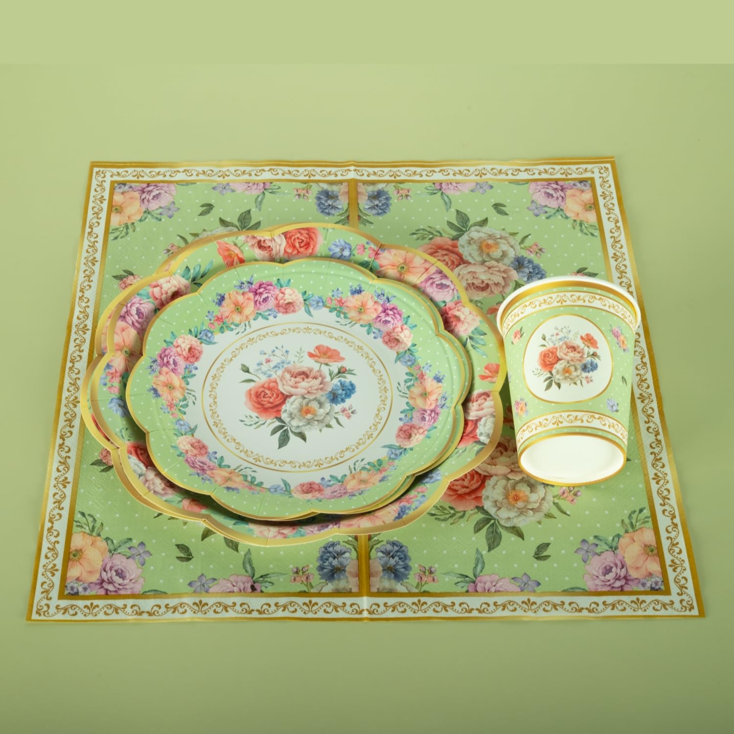 Set da tavola vintage per 30 ospiti, piatti di carta, tovaglioli e tazze da tè, motivo floreale verde, stoviglie di carta in stile britannico classico per giardino, tè pomeridiano, baby shower