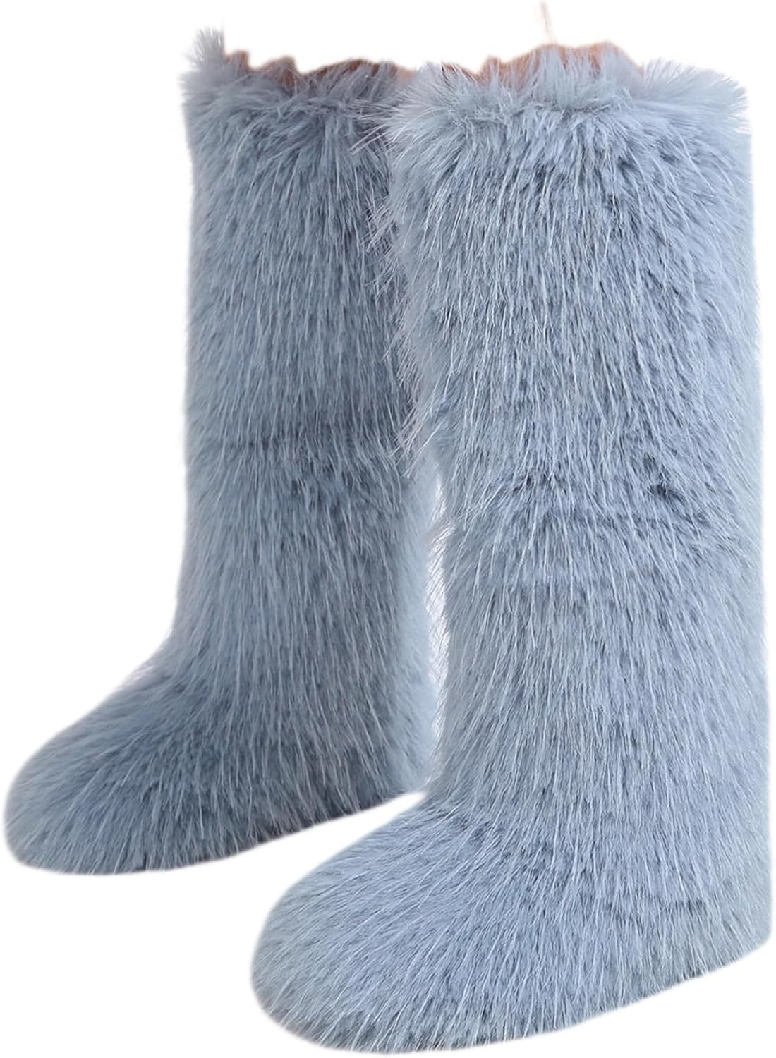 Women Furry Faux Fur Snow Boots Fluffy Fuzzy Comfy Knee High Boot Colorful Round Toe Flat Shoes Rubber Sole Outdoor Indoor Fashion Party