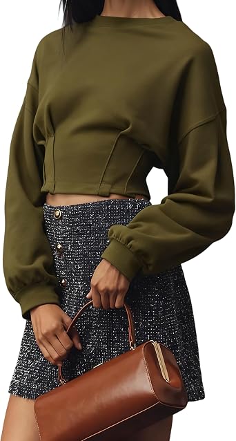 Zhiyouni Womens Long Sleeves Cropped Sweatshirt Crewneck Cinched Waisted Pullover Tops