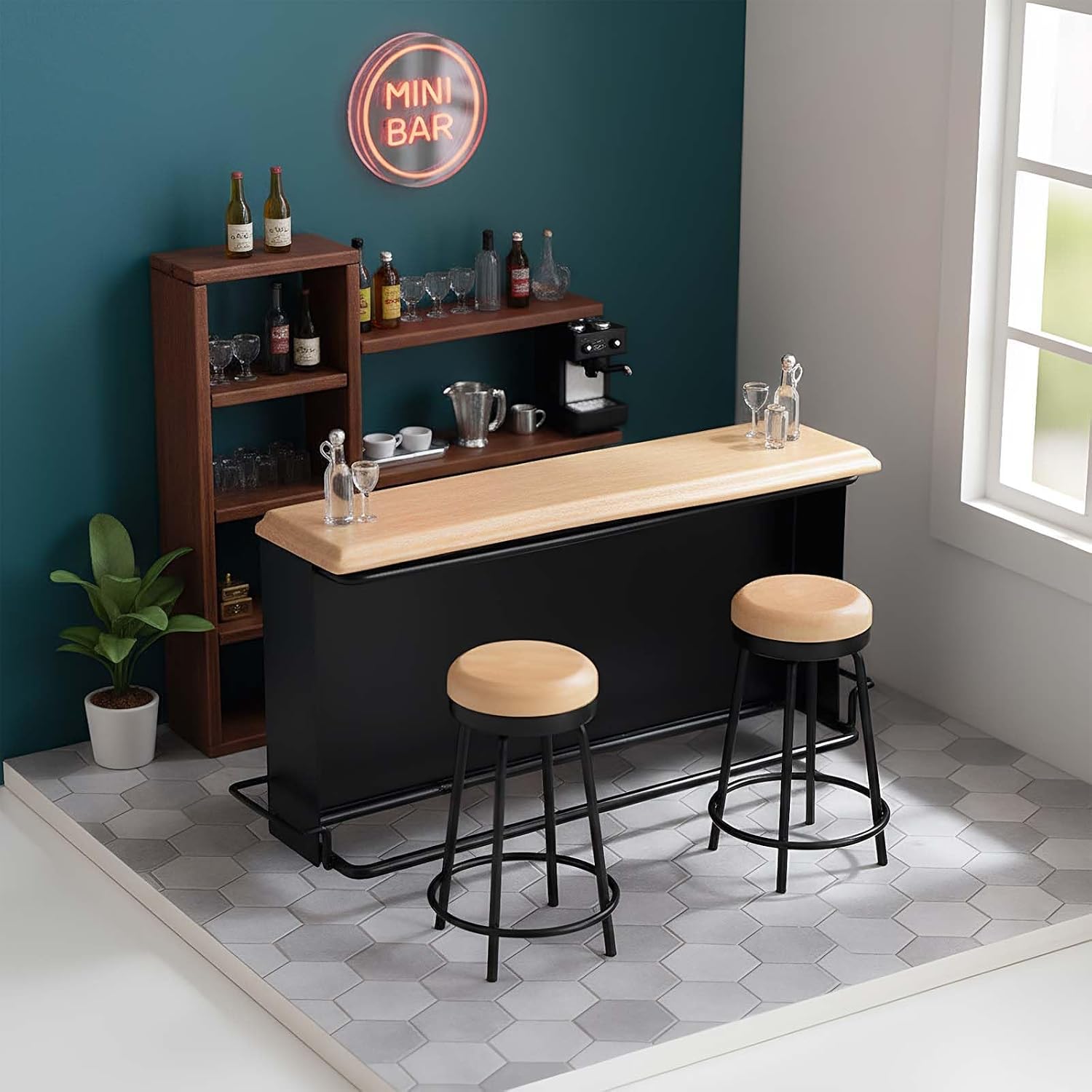 1:12 Scale Dollhouse Metal Bar Table with Wooden Top & Chair Miniature Furniture Set, Dollhouse Accessories Bar Counter Stool Mini Pub & Coffee House Decor and Layout Props Desktop