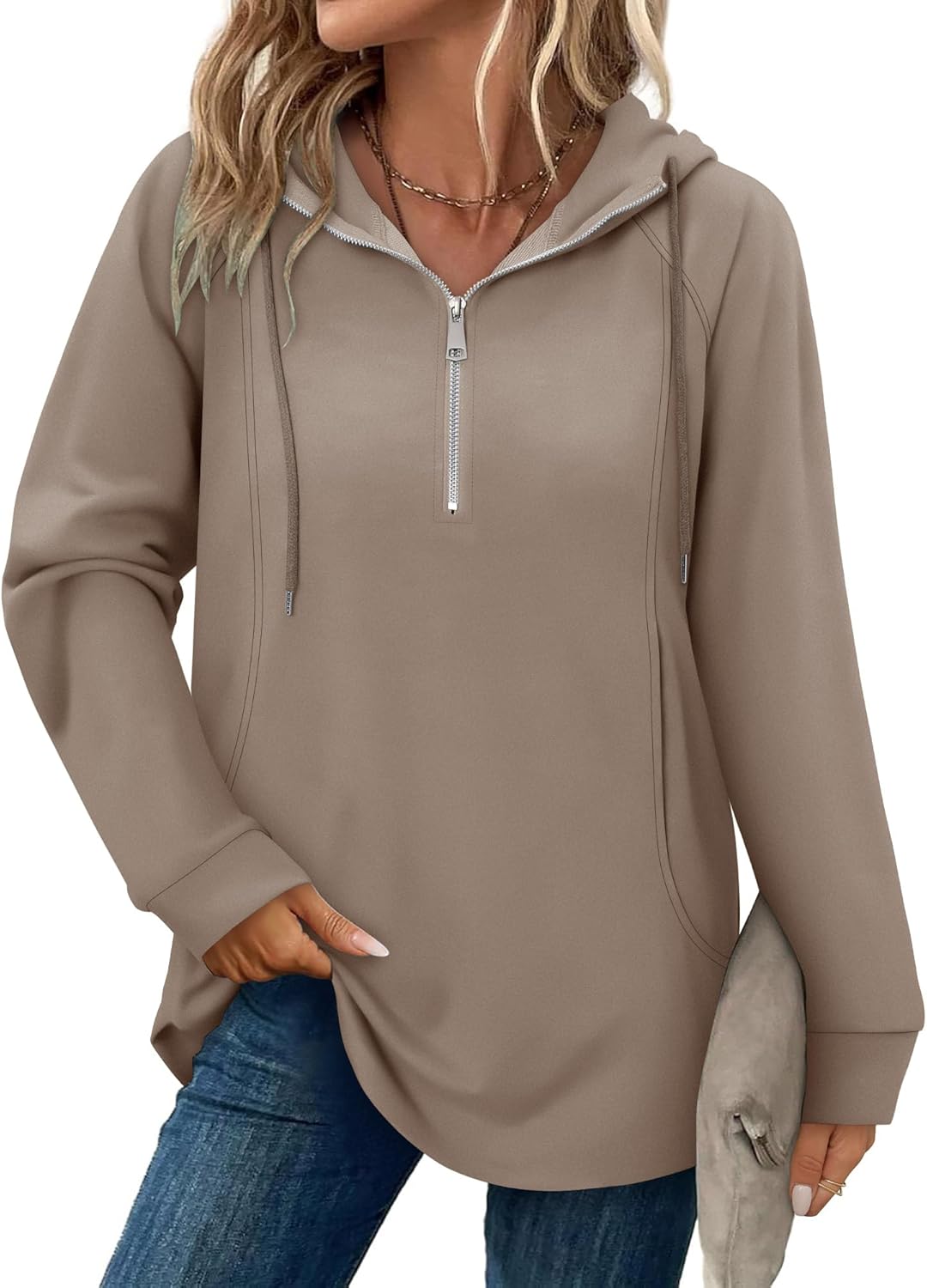 onlypuff Women Hoodie Pullover Trendy Quarter Zipper Lapel Sweatshirts Drawstring Cute Hooded Tunic Tops with Side Pockets - Image 3