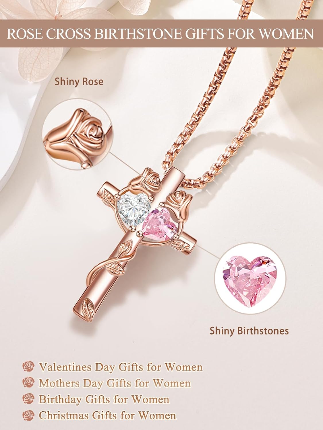 Rose Cross Necklaces for Women, Rose Gold Cross Jewelry with 2 Birthstones Pendant, Valentines Day Birthday Gifts for Women - Image 2