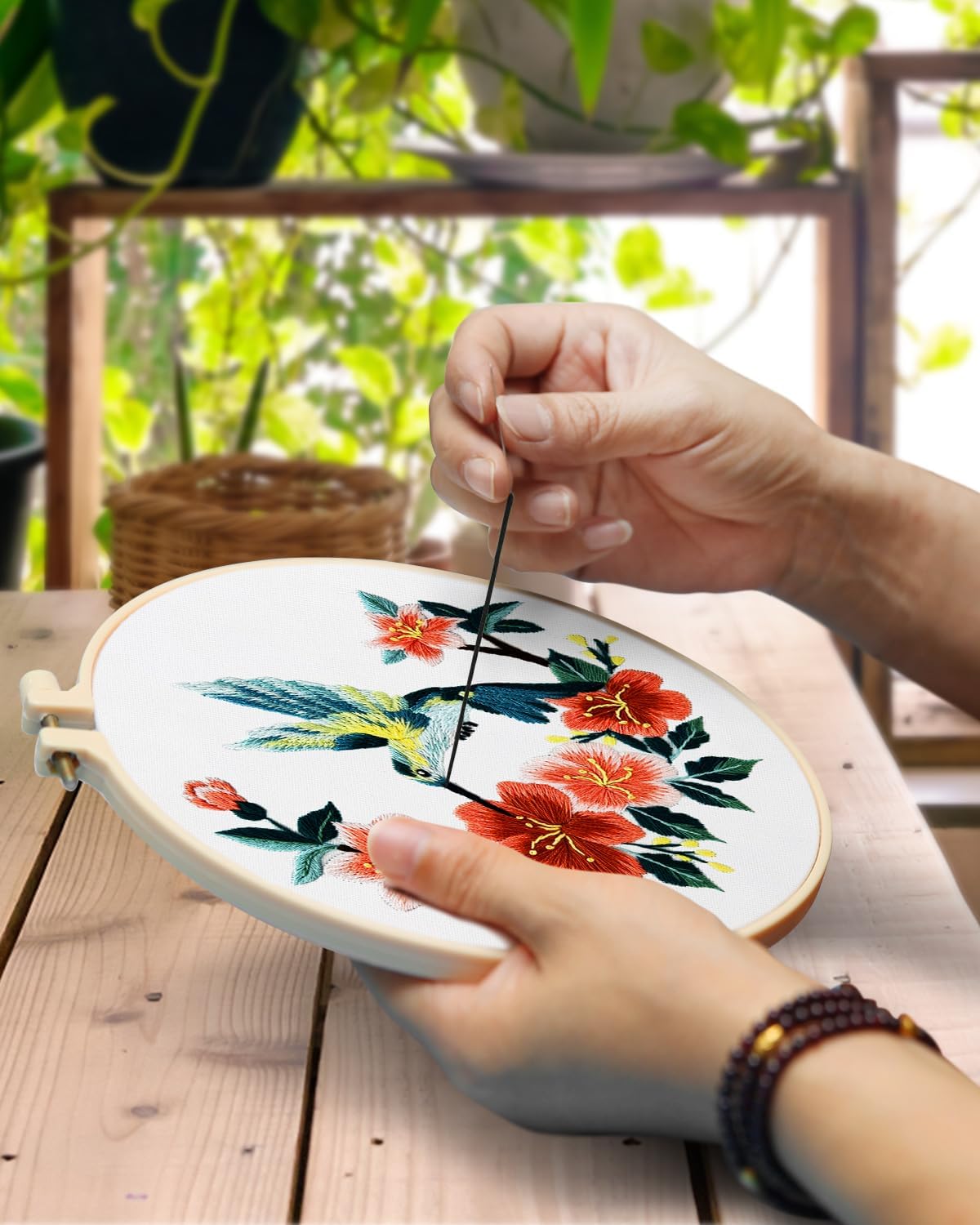 TINDTOP Embroidery Kit for Adult for Beginners, 9 Sets Hummingbird Butterfly Mushroom Flower Embroidery Kit for Beginners Include Embroidery Cloth Hoop Threads with Embroidery Skill Techniques