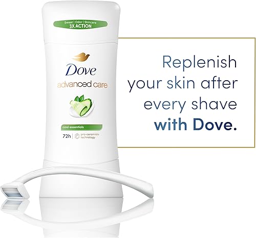 Vista 5 de Dove Advanced Care Anti Deo Stick Cool Essentials Pack de 12 para ayudar a la reparación de la barrera cutánea después del afeitado, control