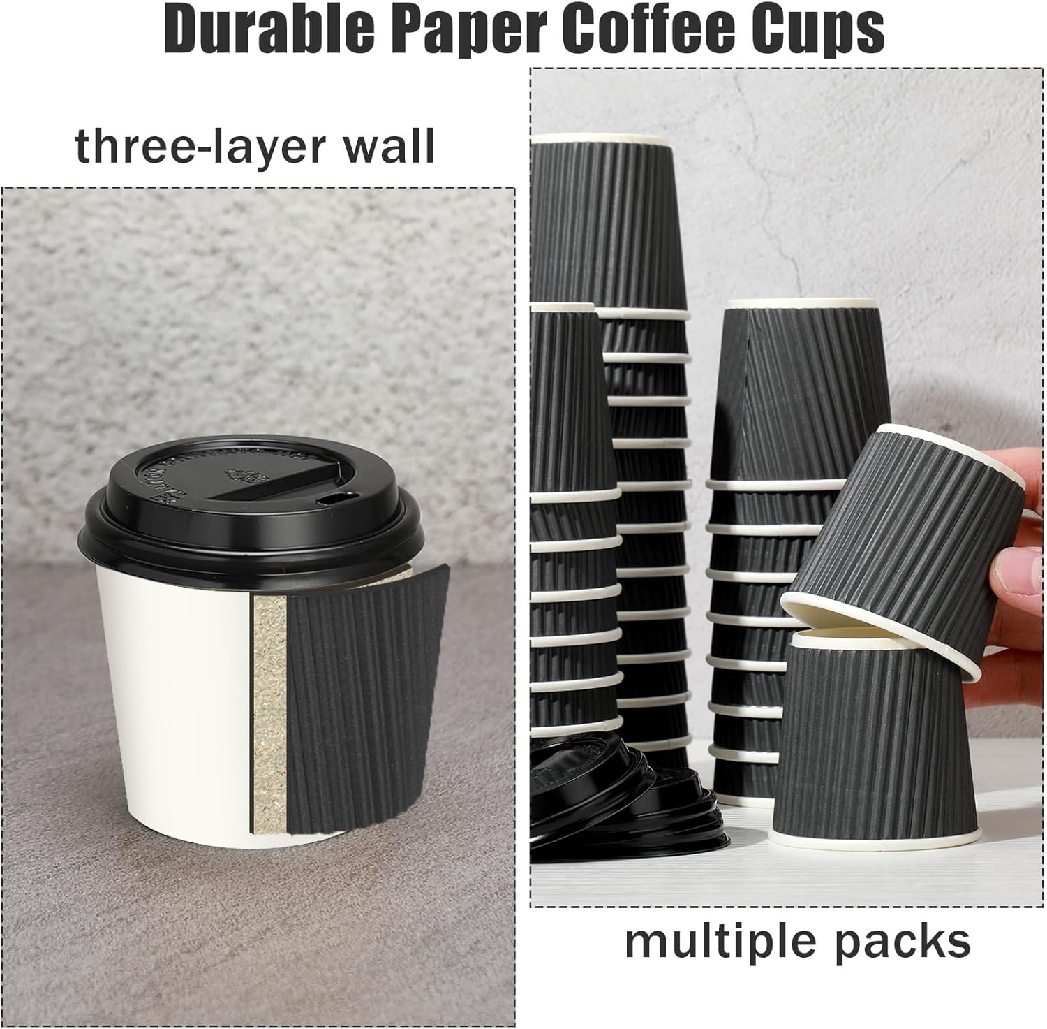 Uiifan 100 Set 4oz Disposable Espresso Cups with Lids Ripple Corrugated Paper Disposable Coffee Insulated Hot Ripple Cups for hot Chocolate, Tea, and Cocoa Drinks(Gray)