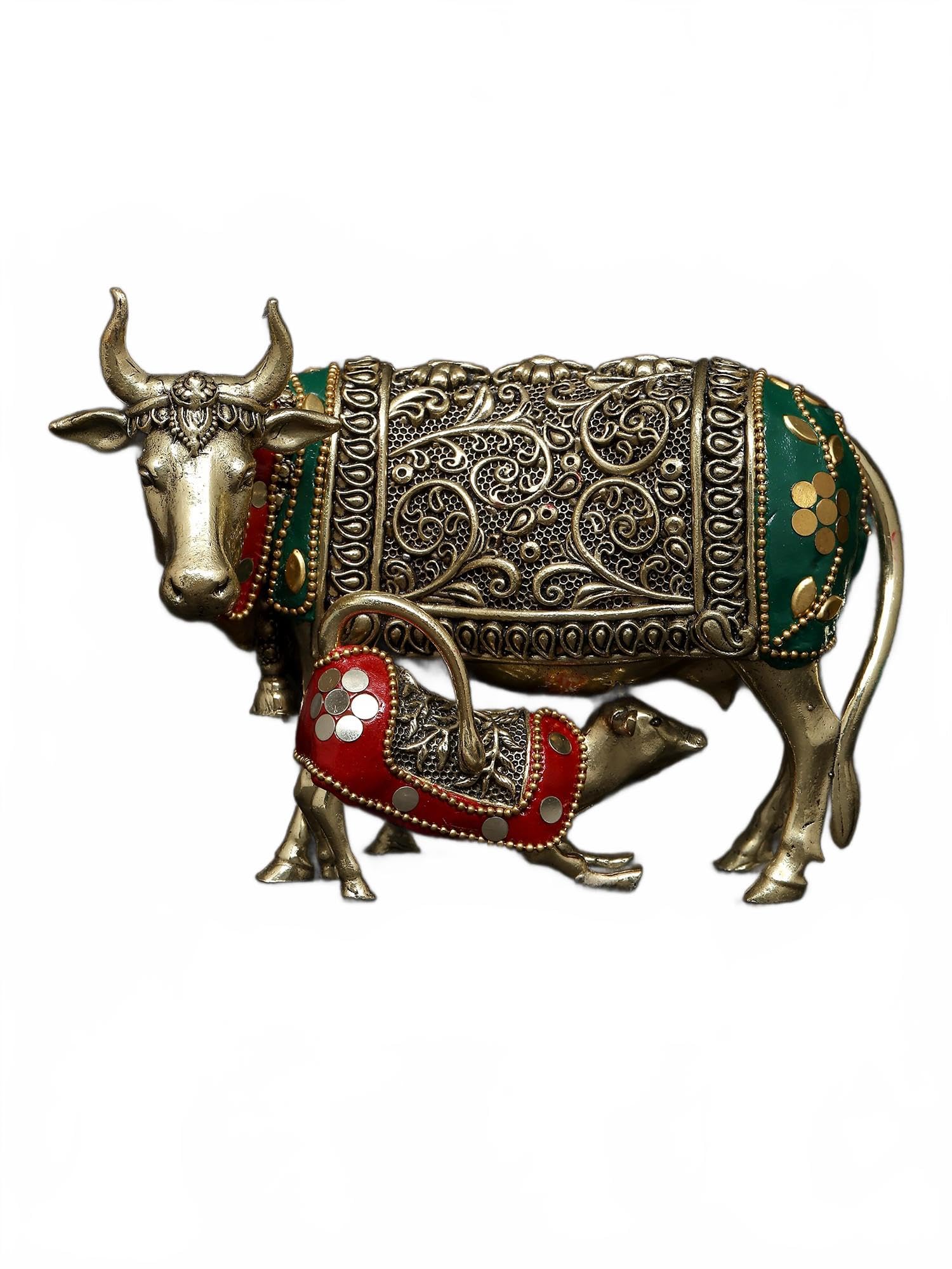 Exotic India 6" Small Superfine Cow and Calf Brass Statue with Inlay Work | Kamdhenu Cow Calf Idol for Puja Temple Murti, Home, Office, Table Décor