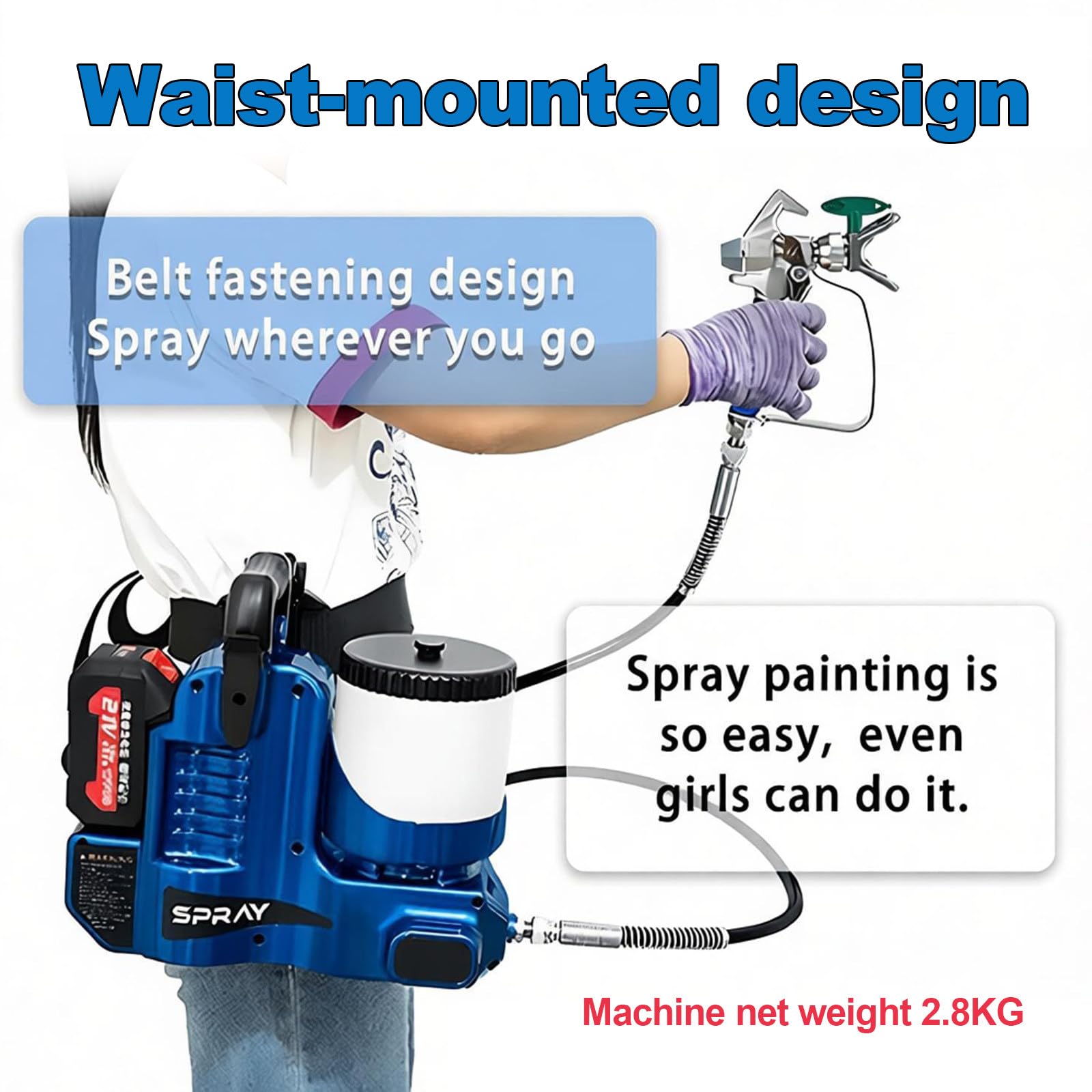 Pistola Pintura Sin Aire 500w Inalámbrica,21v Litio,1,2l Tolva,1,1l/Min Caudal,6 Velocidades,15mpa,para Pintura Látex,Laca,Casas Y Reformas Pequeñas Red-3Battery