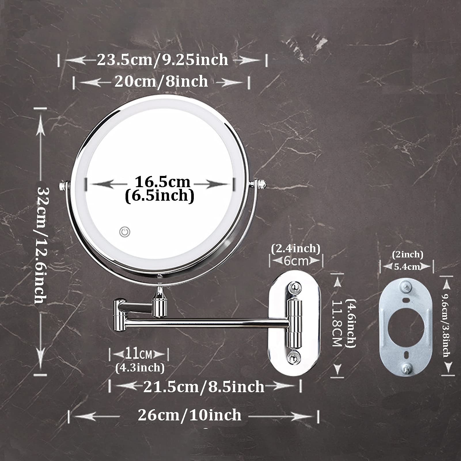 Espejo De Maquillaje Montado En La Pared con Luz,USB Recargable Espejo de Tocador de Pared con LED,Espejo de Aumento 360 Giratorio, Perfecto como Regalo para Mujeres y Niñas,3X Magnifying
